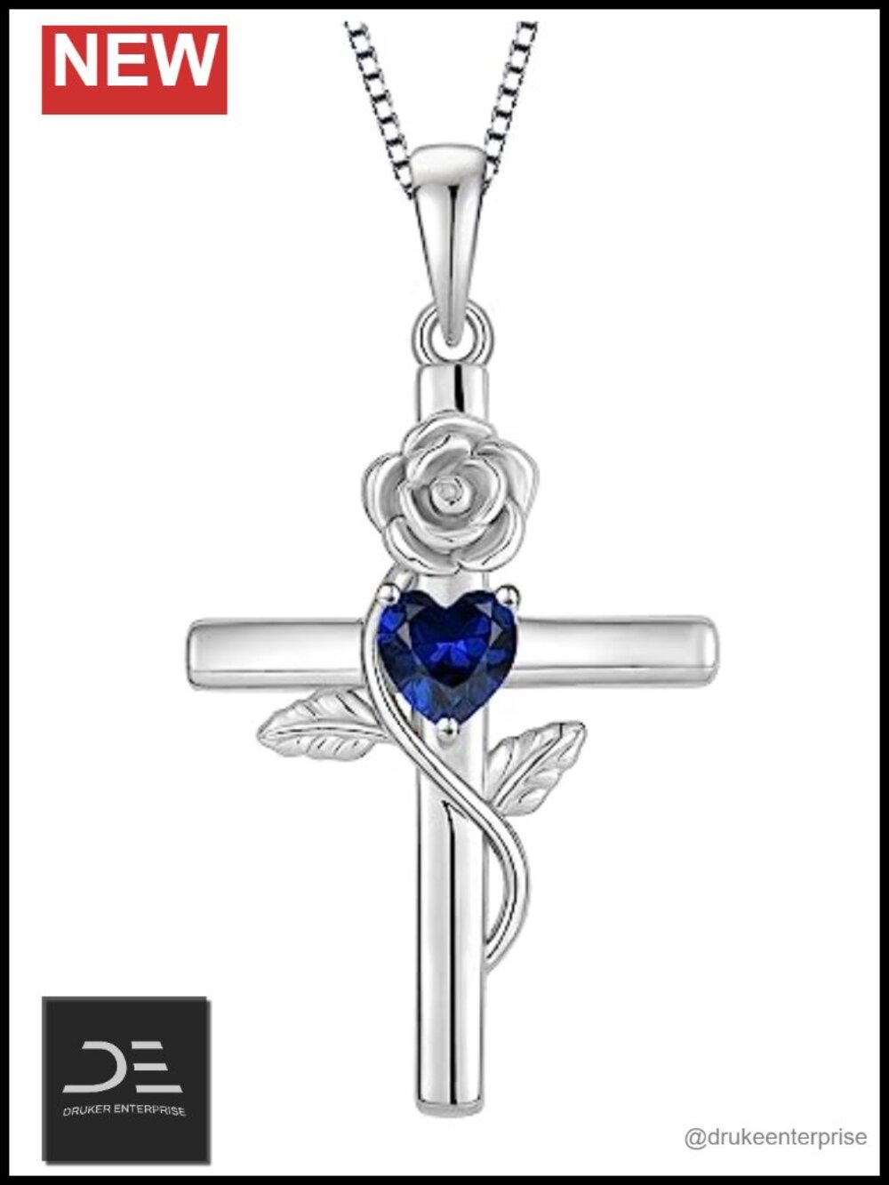 Sterling Silver Rose Flower Cross Necklace with Heart Sapphire Pendant